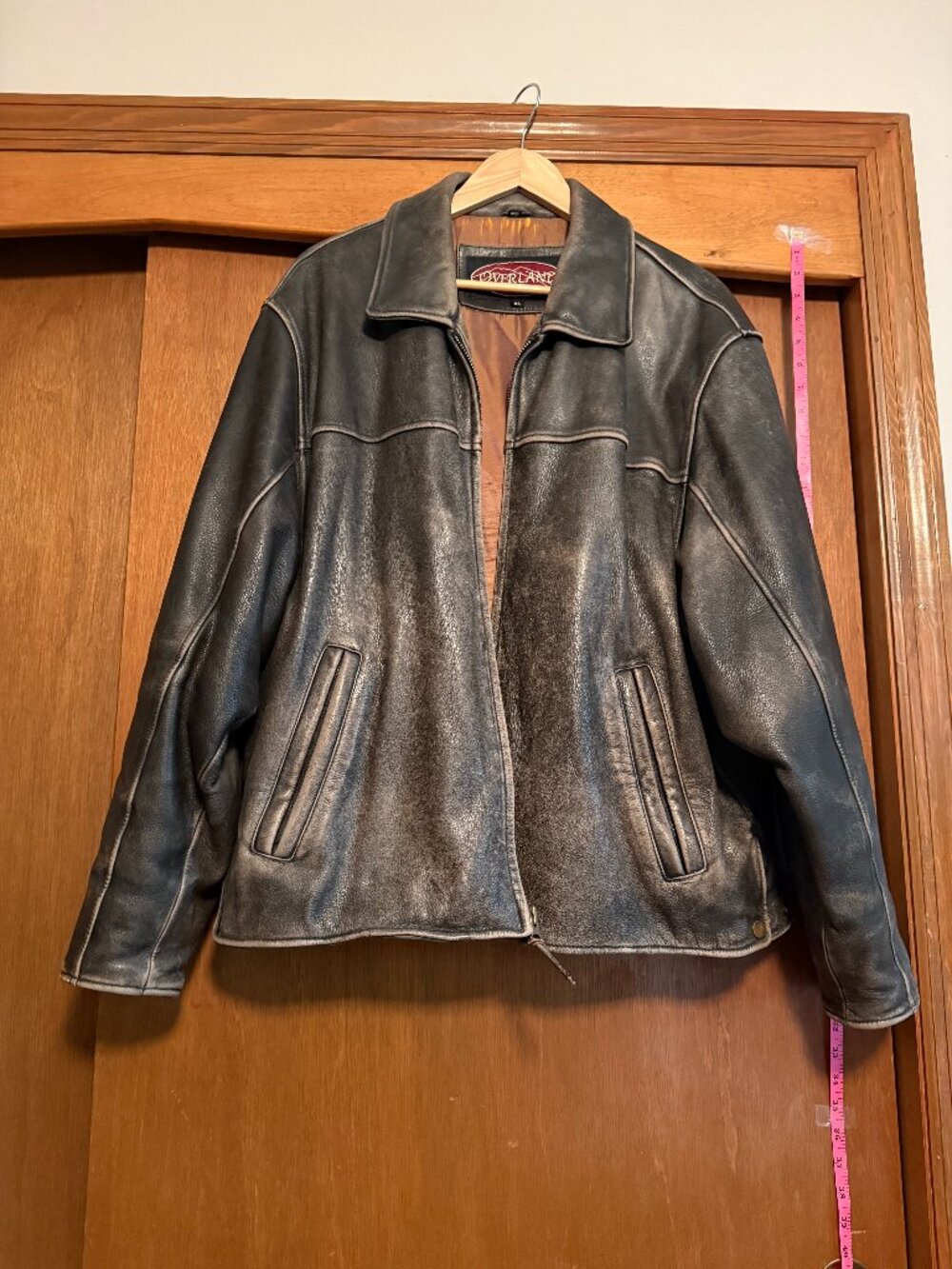 Overland Men’s XL Heavy Leather Motorcycle Riding Jacket Black Distressed
